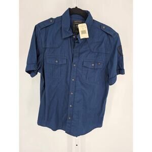 GUESS Mens Sz M Short Sleeve Button Up Utility Shirt Blue Patch Sleeve NEW